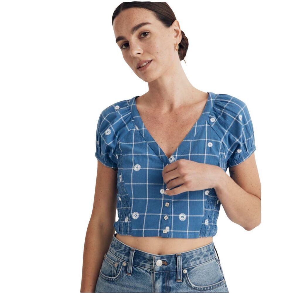 Madewell embroidered puff sleeve crop top in windowpane size 10